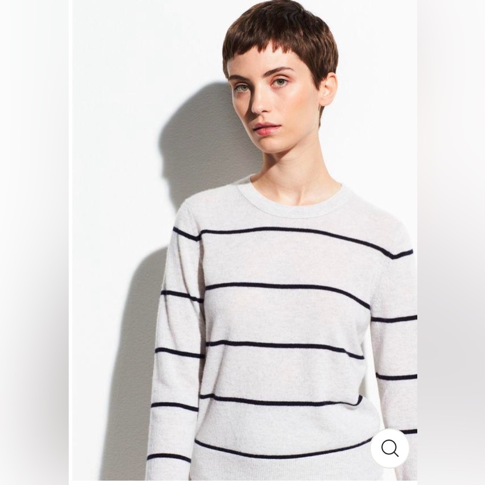 NWOT Vince - Striped Overlay Crew Heather Cloud/Coastal 100% Cashmere $295